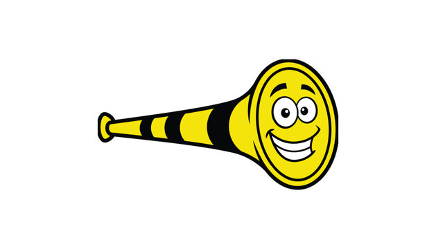 Vuvuzela horn with cartoon cheering face, absurd soccer fan accessory vector on white background