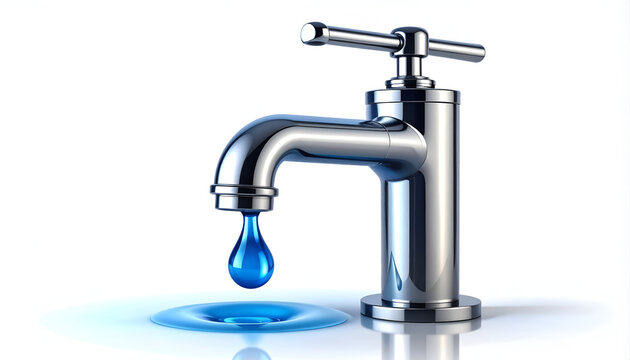 A gleaming chrome faucet dispenses a single, vibrant blue droplet into a reflective pool, symbolizing water conservation and purity against a stark white background.