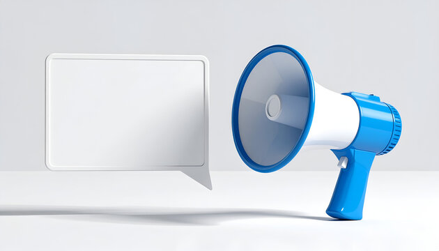 A vibrant blue megaphone rests beside a blank speech bubble against a clean, minimalist white background, symbolizing communication and announcement.
