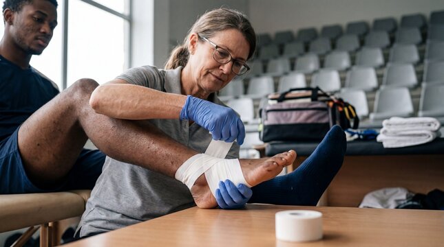 Physiotherapist applying athletic tape to player ankle