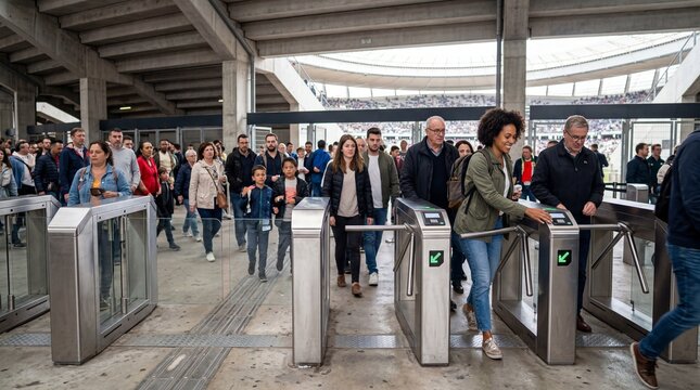 Crowd entering stadium through modern metal turnstiles