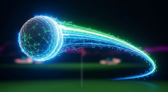 Futuristic digital golf ball with glowing neon light trails and data network lines in motion