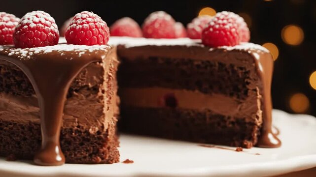 Close up of chocolate cake with raspberries and powdered sugar