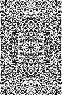 Intricate black and white floral batik ornamental pattern with symmetrical leaf vine details
