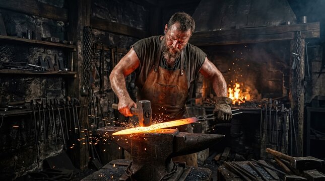 Blacksmith forging a blade of glowing orange light in a dark smithy. Vibrant heat glow, sharp focus, realistic metallic textures,