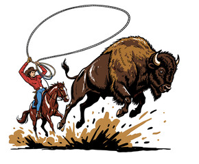 Cowgirl on horseback catching a wild bison with lasso, Wild West rodeo theme mascot vector illustration for t-shirt design. © Rizky Fadel