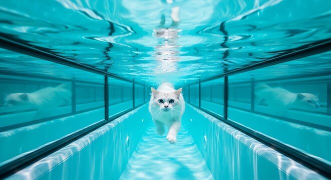 White cat walking through an underwater glass tunnel in a luxury swimming pool with turquoise water and sharp focus high resolution commercial shot