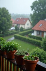 Obraz premium Potted plants on balcony in heavy summer rain. Outside view to houses with red roofs and green garden. Water drops on plants leaves and wooden railing.