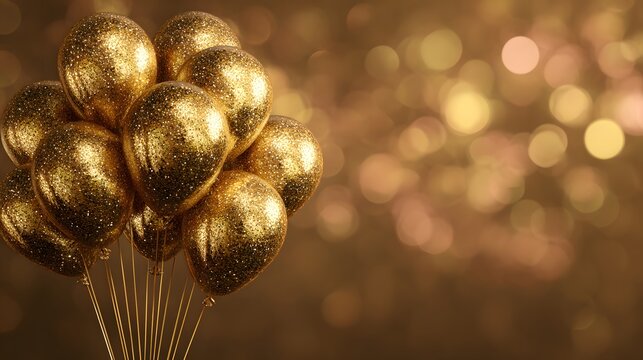 Glittering gold balloons on strings against bokeh background