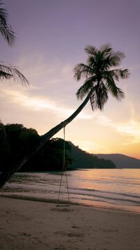 Experience a breathtaking sunset in Koh Kood, Thailand. Warm hues streak the sky while palm trees sway gently by the peaceful shoreline. This tranquil moment captures the essence of paradise.