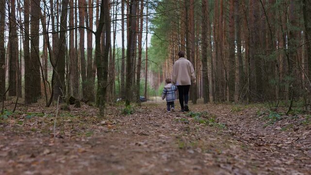 Mother and her little son walking away in a tall pine forest