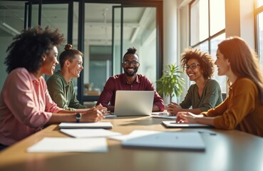 Fototapeta premium Multiracial team collaborates in modern office meeting. Diverse colleagues laugh and talk around conference table. People work together on laptop sharing ideas, enjoying company.