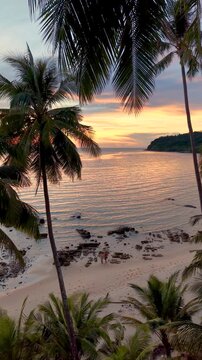 Witness a breathtaking sunset over the serene waters of Koh Kood Island in Thailand. Lush palm trees frame the beach, A couple of men and women on vacation in Thailand