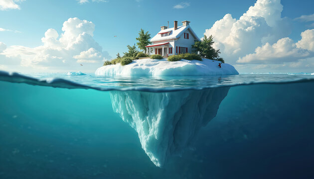 Fantasy house sits on floating iceberg island in blue ocean. Vast sea, ice formations underwater. Person enjoys remote scenic arctic nature. Calm sky with clouds above.