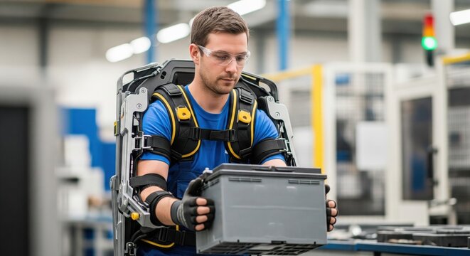 Wearable assist system helping factory employee handle materials illustrates smart ergonomics, workplace protection and productive human manufacturer machine collaboration at scale.