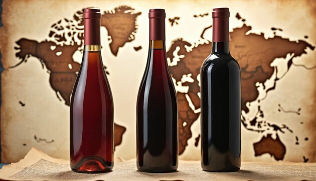 Three wine bottles stand on old world map. Different wine types displayed. Global wine trade and exploration concept. Wine tourism and appreciation theme.