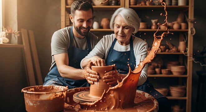 Pottery workshop with senior woman and male therapist using a ceramic wheel with dynamic clay splash in a rustic craft studio under warm lighting