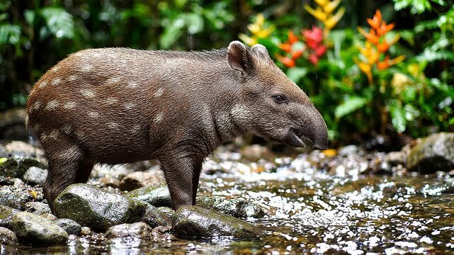 Young Spotted Tapir Standing by Jungle Stream Cinematic