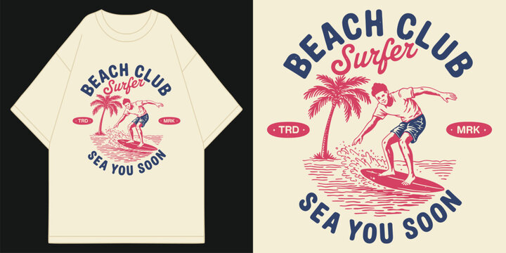 retro beach club surfer illustration with sea you soon typography and tropical palm tree scene on cream oversized apparel t shirt design vector illustration artwork