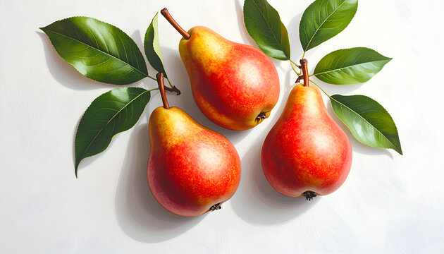 A vibrant overhead shot showcases three ripe red pears with lush green leaves arranged artfully against a clean white background, highlighting their natural beauty and freshness.