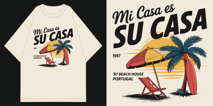 vintage mi casa es su casa beach house portugal 1987 graphic with sunset palm tree beach chair and surfboard illustration on cream t shirt design vector illustration artwork