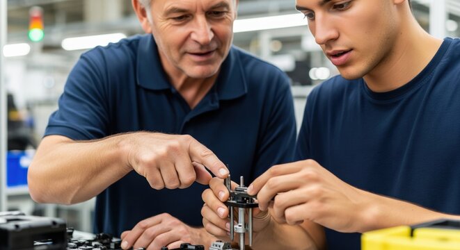 Factory mentor teaching newcomer during first production task illustrates industrial onboarding, real-time instruction and effective workforce development on shop floor.