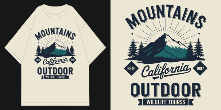 vintage mountains california outdoor wildlife tourss estd 1987 landscape graphic with pine forest and sun rays illustration on cream t shirt design vector illustration artwork