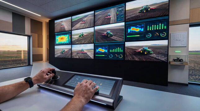 Controller's hands on the control panel of robotic systems on a farm, concept for implementing high-tech autonomous systems on farms and agricultural complexes, copy space for text