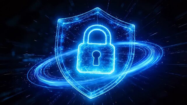 Blue glowing padlock icon inside shield representing cybersecurity