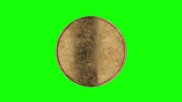 A rustic, old coin template for your design. An animation of a blank gold coin rotating with scratches, damage, and oxidation on a green chroma key.