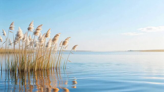 Reeds in calm water under blue sky