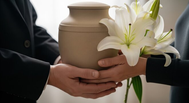 Funeral cremation moment showing shared grief through hands holding ceramic urn and white lilies, emotional support and remembrance, dignified farewell atmosphere with soft natural light