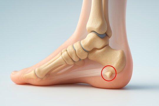 Plantar calcaneal spur condition illustration depicting right heel with pointed bone spur at calcaneus plantar fascia origin, localized red mark for heel pain, clean 3D anatomy medical clinical use