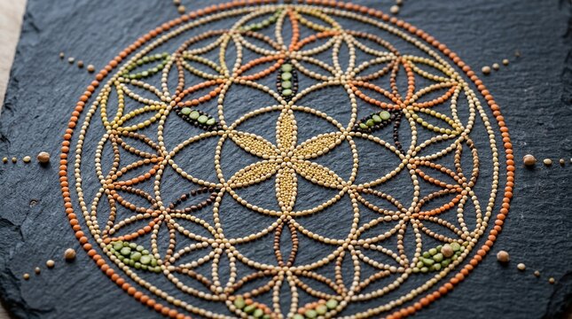 Artistic macro composition using ancient grains pulses forming sacred geometry patterns on dark slate. Macro textures, believable