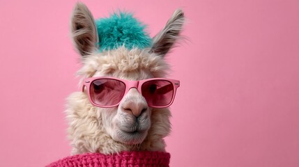 Fototapeta premium Llama wearing pink sunglasses and a colorful knitted sweater against a vibrant pink background, showcasing a playful and whimsical animal portrait