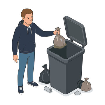 Man throwing trash bag into a large garbage bin outdoors