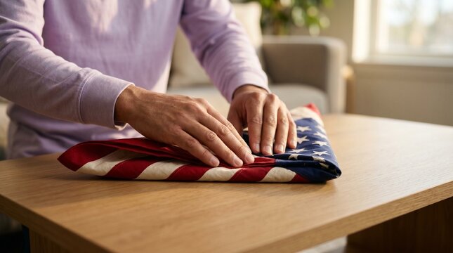 Man folding American flag on wooden table in sunlit living room.