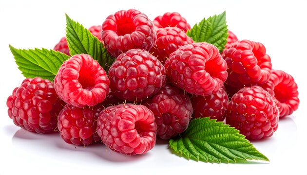 A vibrant pile of fresh, ripe raspberries with lush green leaves is artfully arranged against a clean white background, showcasing their juicy texture and bright color.