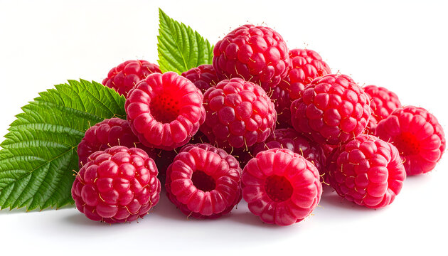 A close-up shot showcases a vibrant pile of fresh raspberries nestled amongst lush green leaves against a clean white background, highlighting their texture and color.