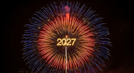 Obraz premium Single large firework with 2027 text in center fireworks new year celebration