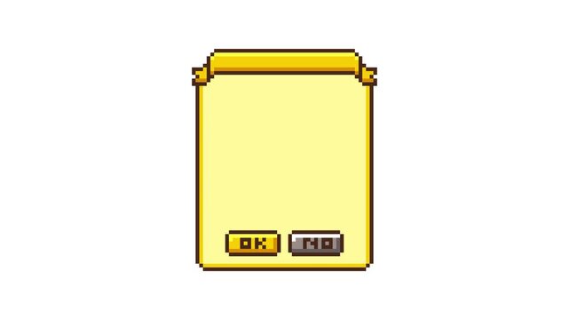 8-bit pixel art yellow game modal popup UI. looped animation 4k 30fps