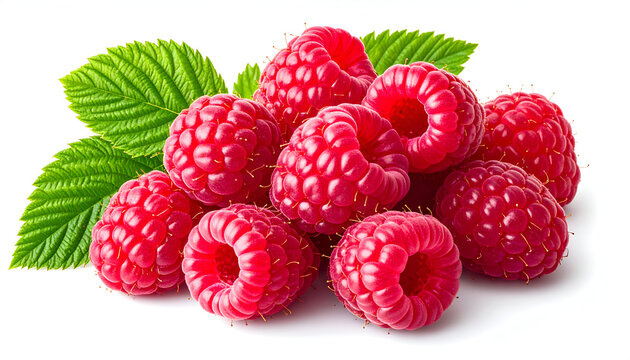 A vibrant cluster of fresh raspberries, adorned with lush green leaves, sits against a clean white background, showcasing their juicy texture and bright color.