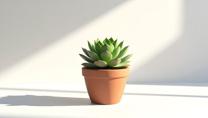 Fototapeta premium A vibrant green succulent thrives in a terracotta pot, bathed in soft sunlight against a minimalist white backdrop, creating a serene and modern aesthetic.