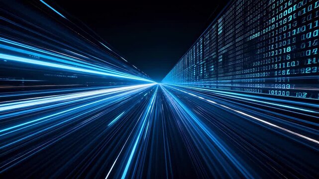 Digital data tunnel with blue light streams and binary numbers