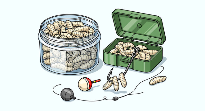 Fishing bait worms in containers.