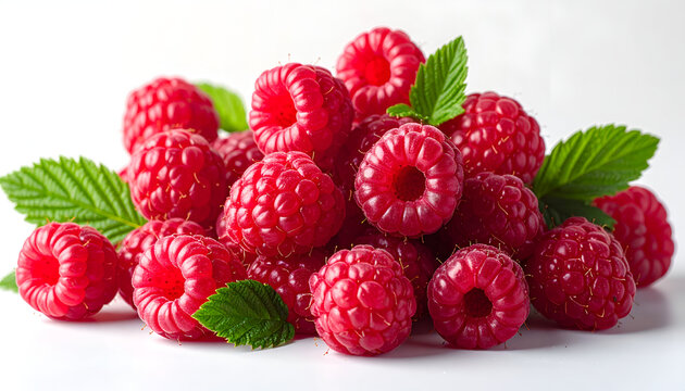 A close-up shot showcases a vibrant pile of fresh raspberries adorned with lush green leaves against a clean white background, highlighting their texture and color.