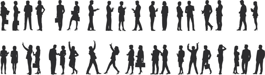 Business people silhouettes collection, diverse corporate professionals interacting, walking, greeting and discussing, office workers teamwork communication isolated on white background © Mst Farida