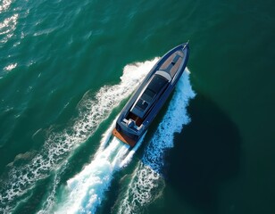 Fototapeta premium Luxury speed boat glides across blue sea leaving white wake. Nautical vessel cruises at high velocity on ocean surface. Motorboat travels fast on water during sunny day.