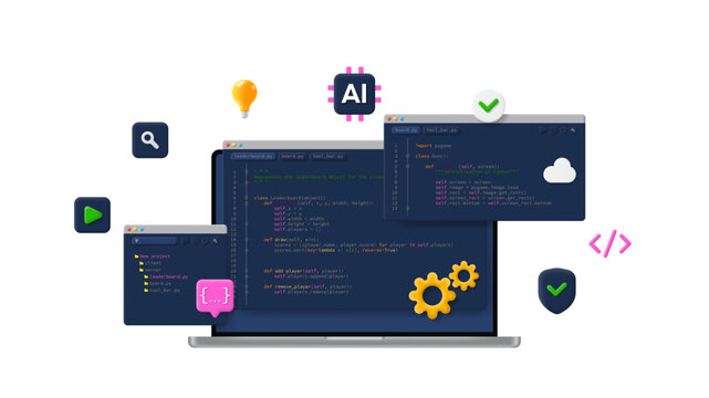 AI coding concept banner. Vector 3d background with coding symbols and programming windows. Modern Information technologies and computer engineering concept. AI programming or developing software