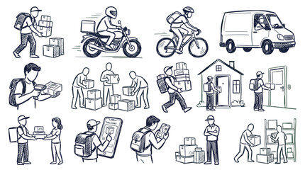 Fototapeta premium A collection of hand-drawn illustrations depicting various aspects of delivery services, 